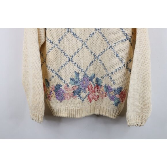 Deadstock Vintage 90s Streetwear Womens Medium Hand Knit Flower Floral Sweater - Picture 3 of 15